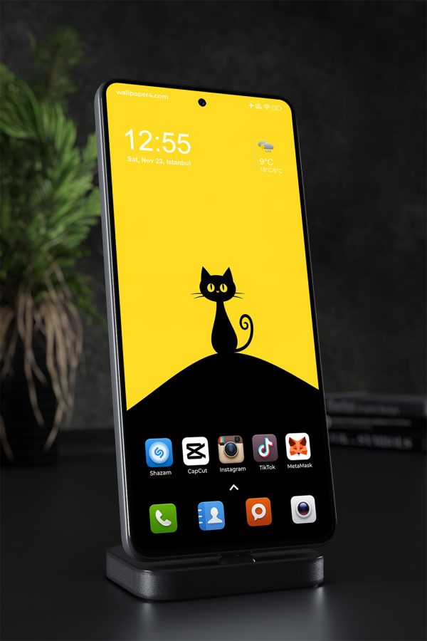 Minimalist Black Cat Silhouette on Yellow Background Wallpaper