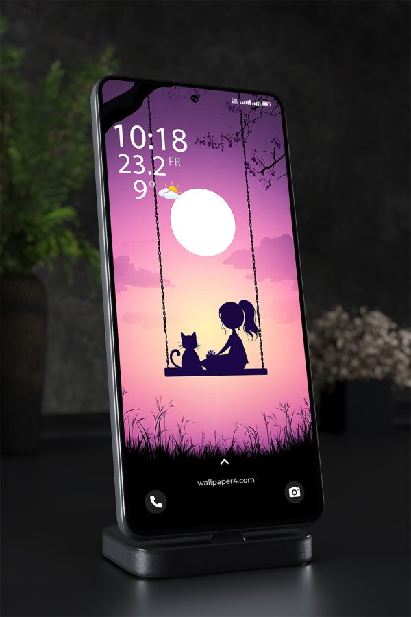 Girl and Cat on Swing at Sunset | Romantic Silhouette Wallpaper