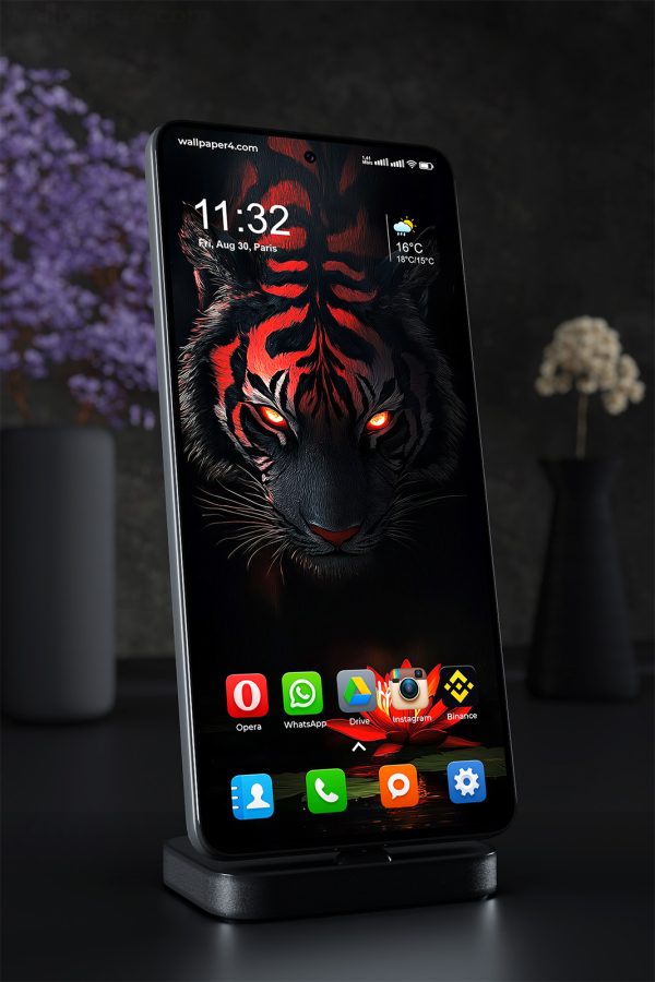 Phone Wallpaper 1335 - Fiery Tiger with Glowing Eyes and Lotus Flower