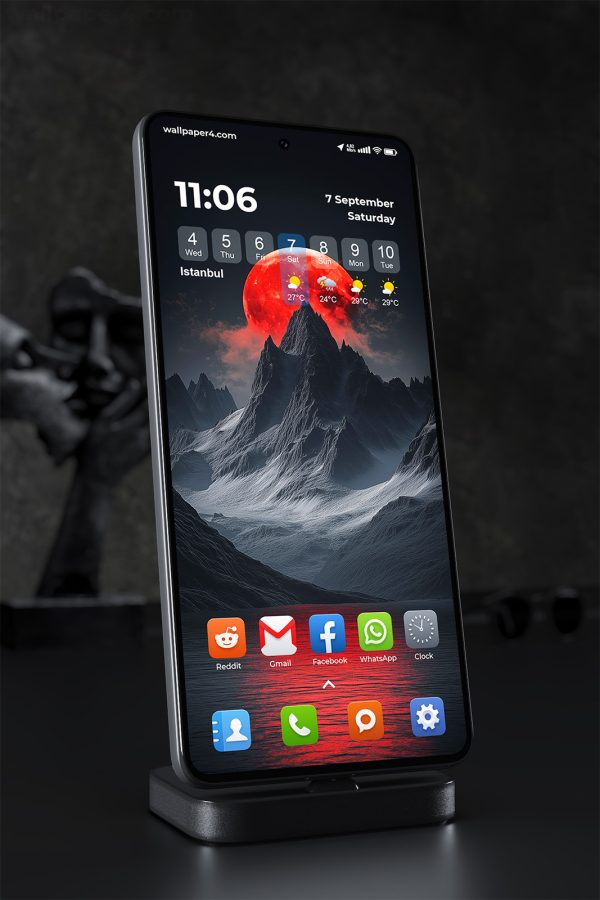 Phone Wallpaper 1386 - Dark Mountains with Red Moon Wallpaper