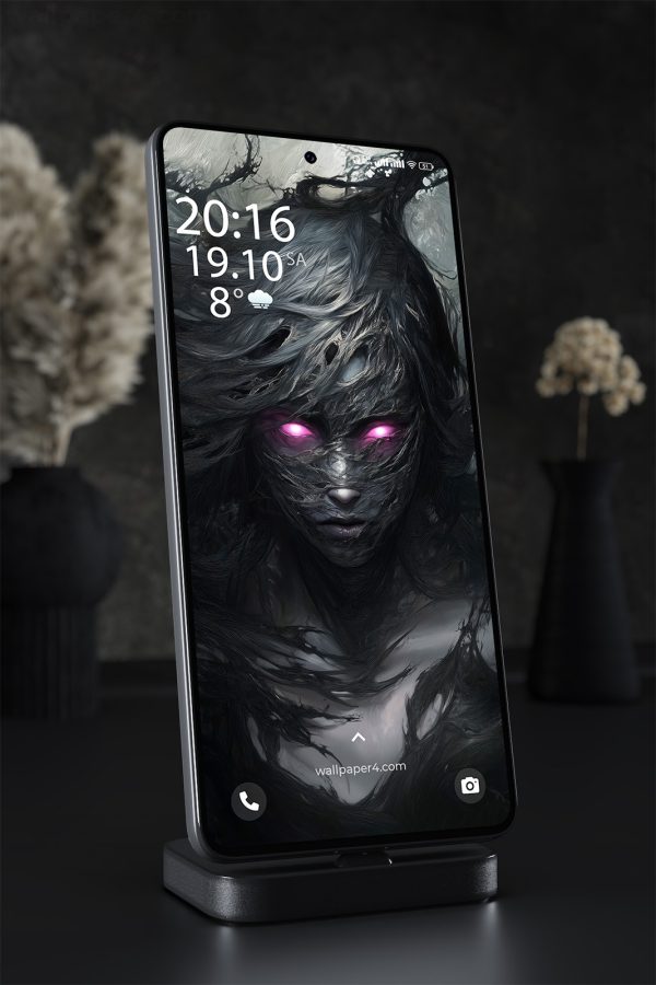 Phone Wallpaper 1398 - Dark Cracked Face with Glowing Eyes Wallpaper