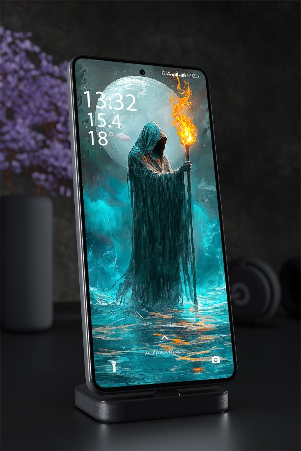 Phone Wallpaper 1401 - Dark Hooded Figure Under Full Moon