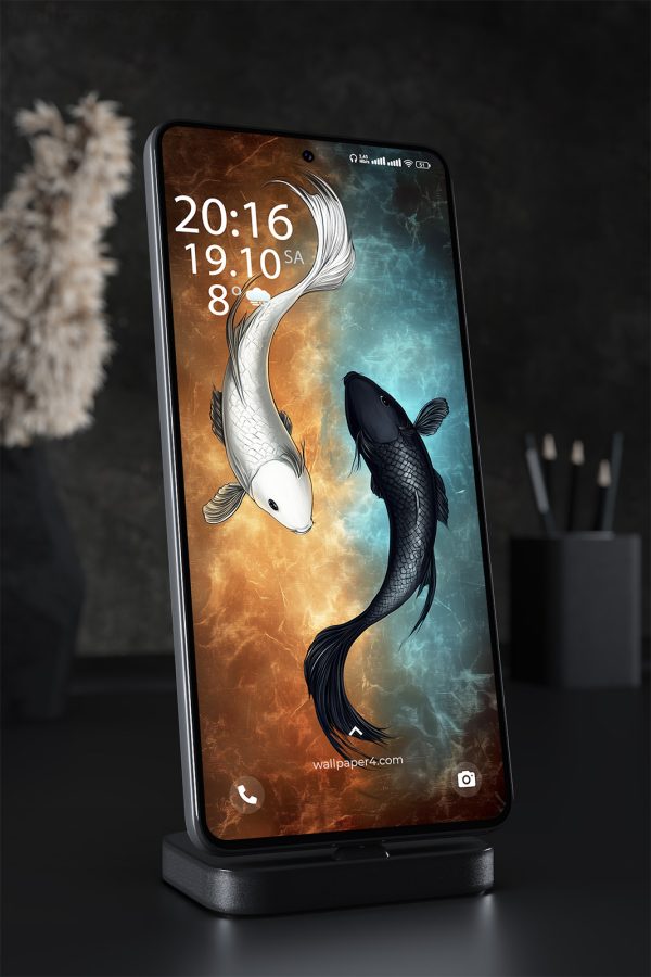 Mobile Wallpaper 1408 - Yin Yang Koi Fish in Dark Blue Water