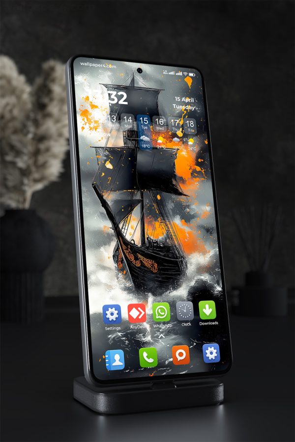 Phone Wallpaper 1429 - Dark Pirate Ship in Fiery Storm Wallpaper