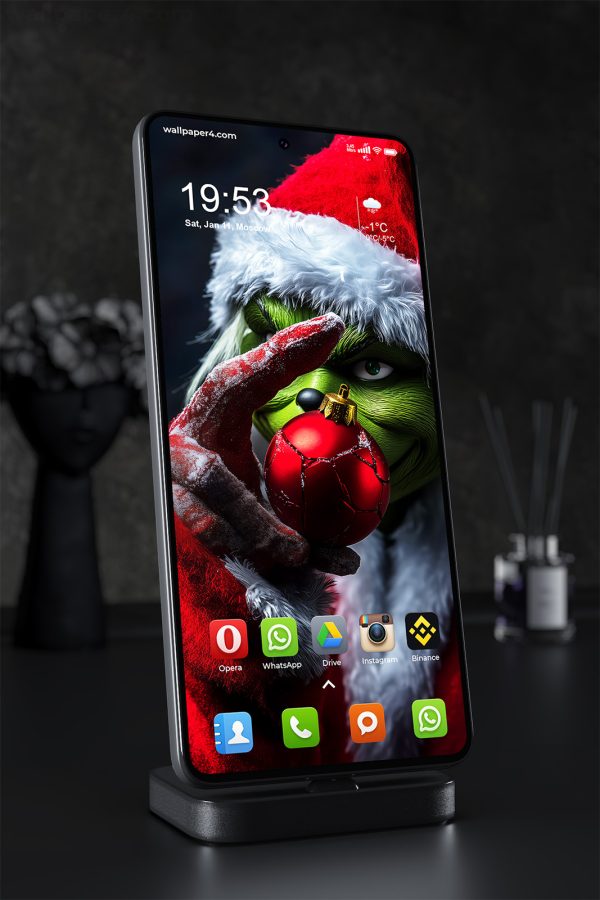 Phone Wallpaper 1435 - Grinch Holding Cracked Red Ornament