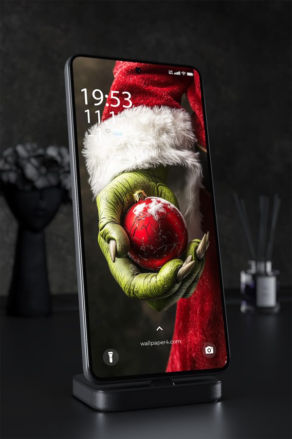 Mobile Wallpaper 1435 - Grinch Holding Cracked Red Ornament