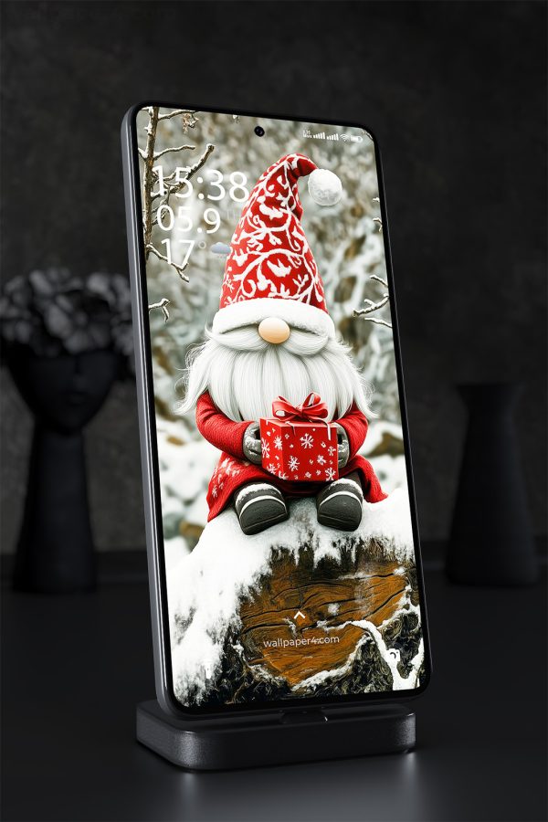 Phone Wallpaper 1449 - Cute Christmas Gnome with Gift Box