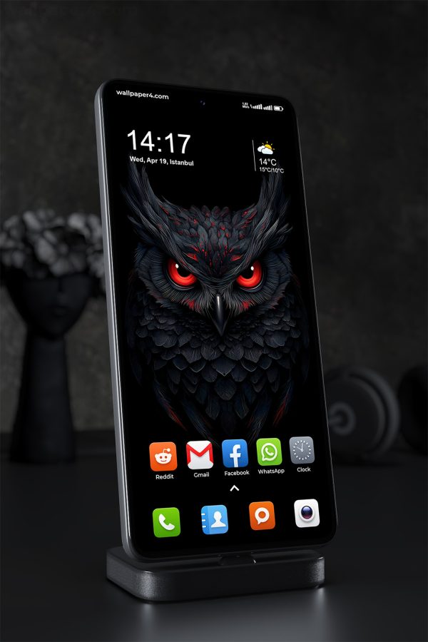 Mobile Wallpaper 1452 - Dark Owl with Glowing Red Eyes Wallpaper