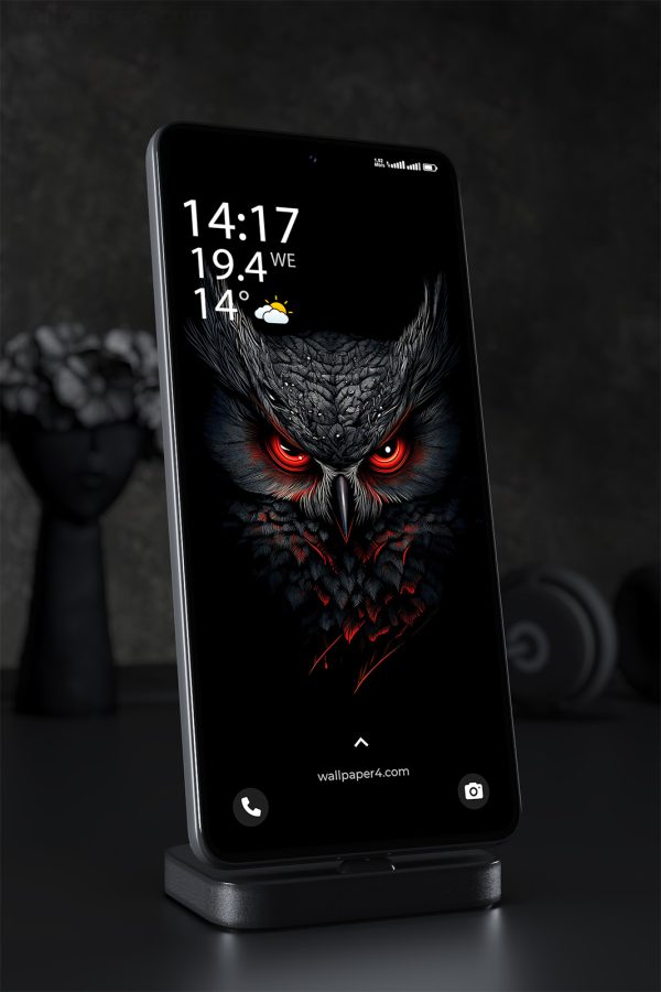 Phone Wallpaper 1452 - Dark Owl with Glowing Red Eyes Wallpaper