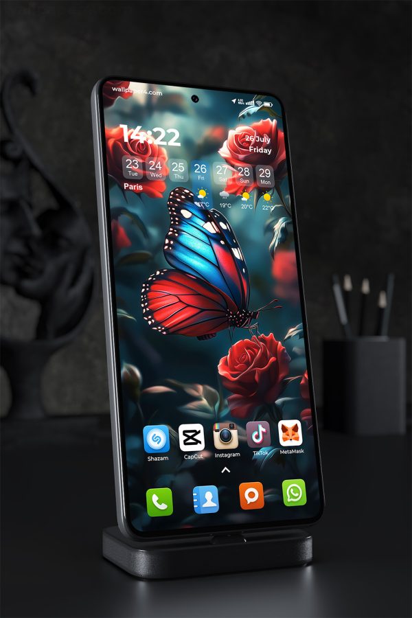 Phone Wallpaper 1458 - Red Butterfly and Roses in Dreamy Night Light