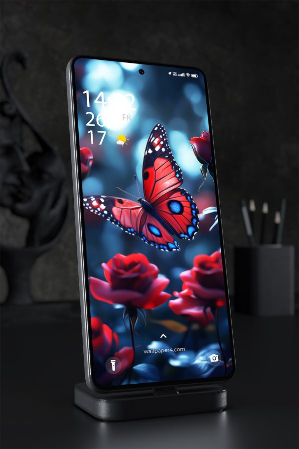 Mobile Wallpaper 1458 - Red Butterfly and Roses in Dreamy Night Light