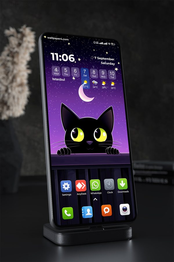 Phone Wallpaper 1463 - Cute Black Cat Under Moonlit Sky
