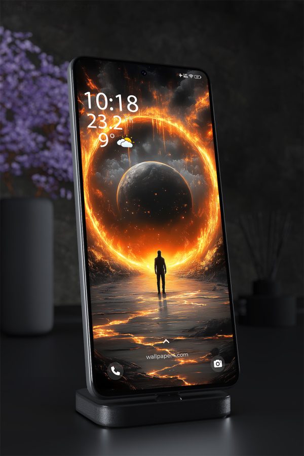 Mobile Wallpaper 1466 - Man Facing Fiery Cosmic Portal
