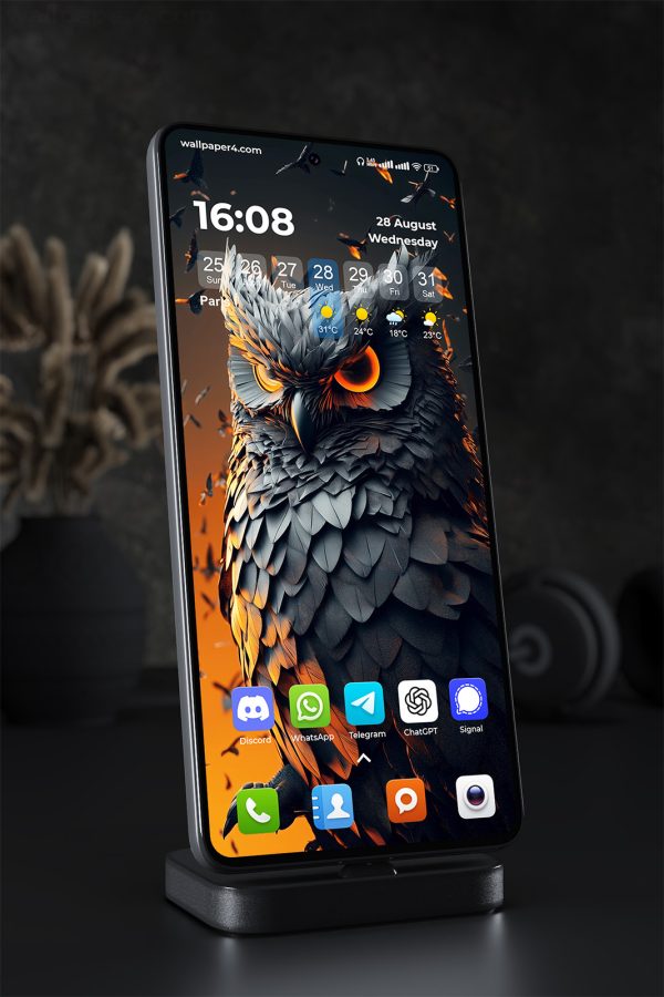 Phone Wallpaper 1469 - Fierce Black Owl in Glowing Orange Light