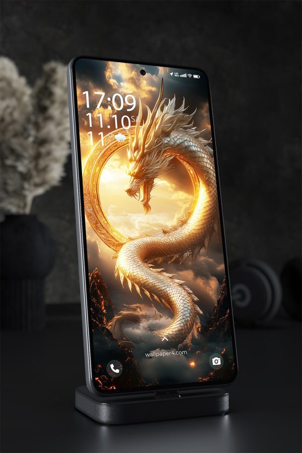 Phone Wallpaper 1472 - Majestic Golden Dragon in Fiery Sky