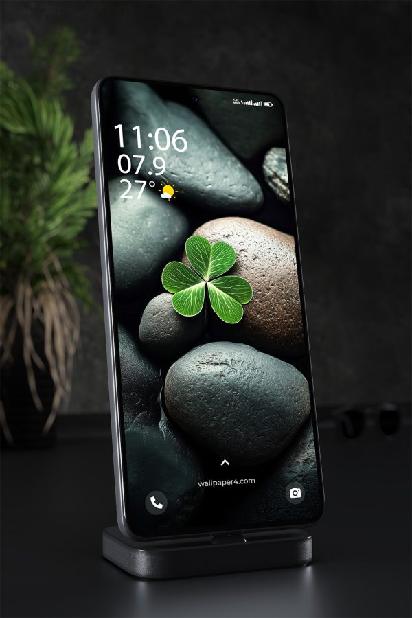 Phone Wallpaper 1482 - Four-Leaf Clover on Smooth Stones Wallpaper