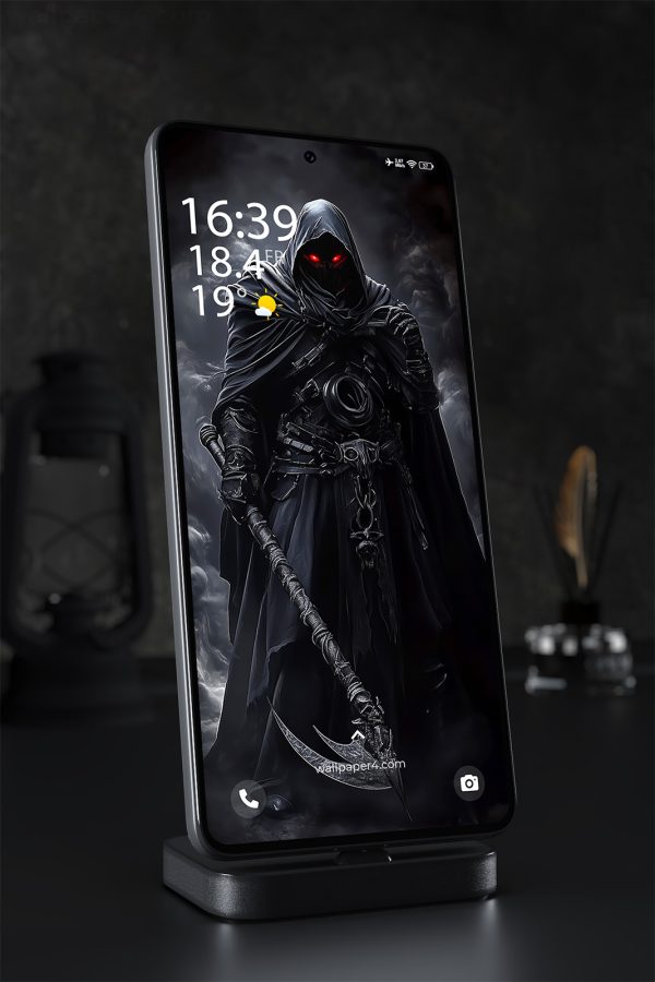 Mobile Wallpaper 1498 - Dark Grim Reaper Warrior with Glowing Eyes