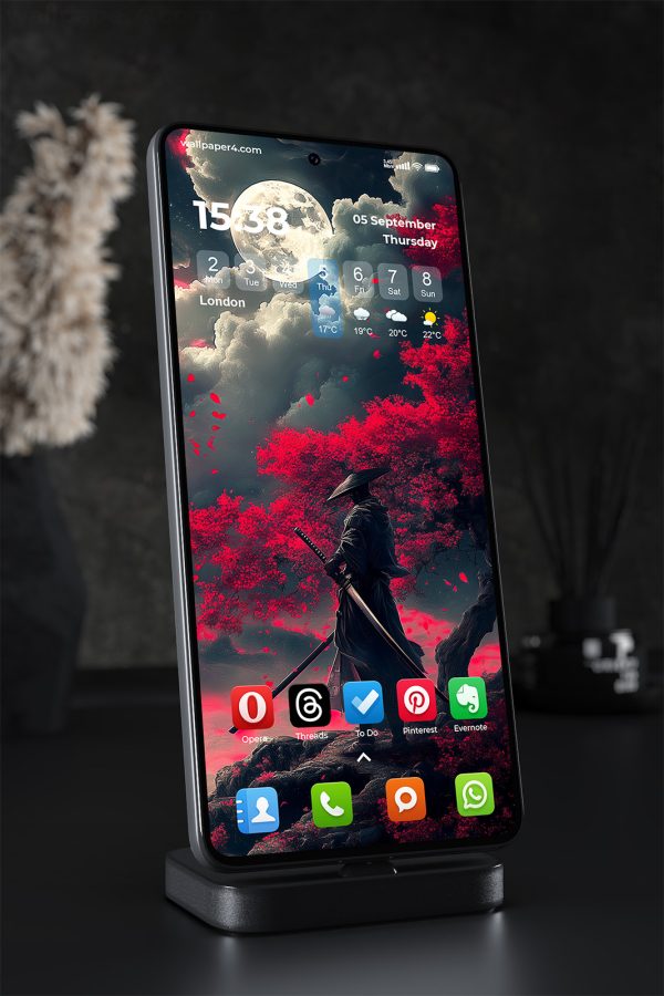 Phone Wallpaper 1517 - Samurai Under Full Moon with Red Sakura Leaves