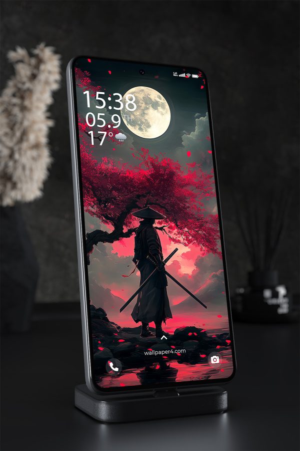 Mobile Wallpaper 1517 - Samurai Under Full Moon with Red Sakura Leaves