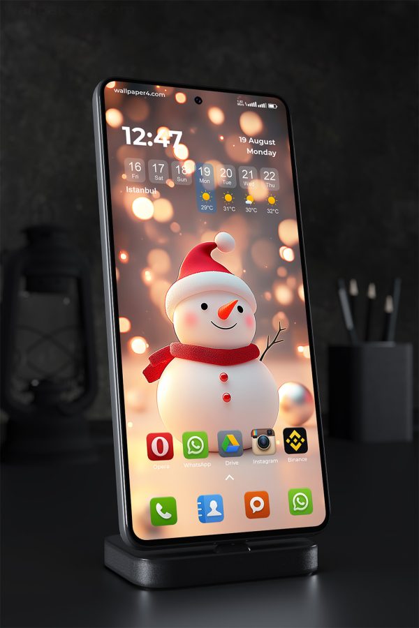 Phone Wallpaper 1538 - Cute Christmas Snowman with Bokeh Lights