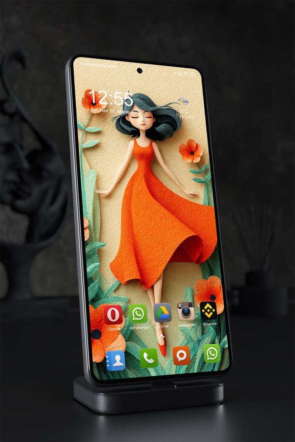 Phone Wallpaper 1556 - Paper Art Girl in Red Dress with Flowers
