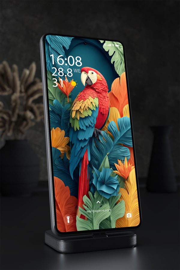 Phone Wallpaper 1571 - Colorful Parrot in Tropical Paper Art Style