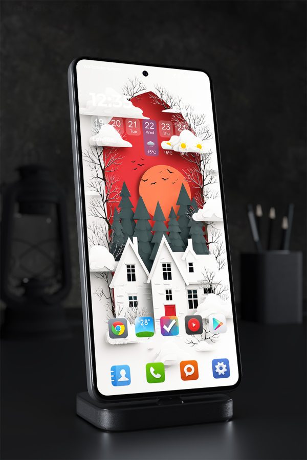 Phone Wallpaper 1574 - Winter House with Red Sunset Background