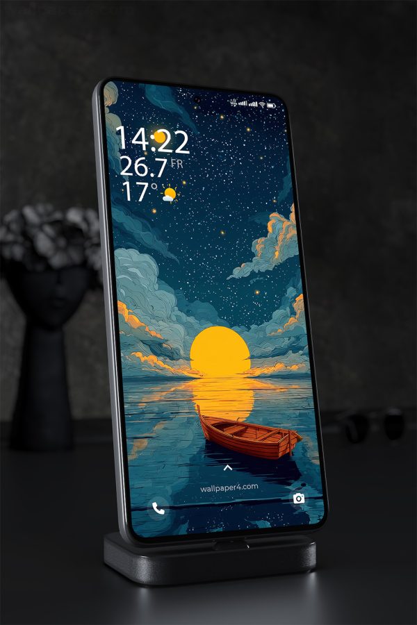 Phone Wallpaper 1580 - Serene Night Boat with Sunset and Stars