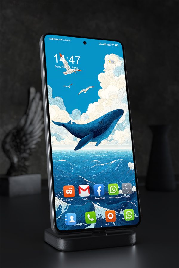 Phone Wallpaper 1589 - Flying Whale Above Ocean Waves Artwork