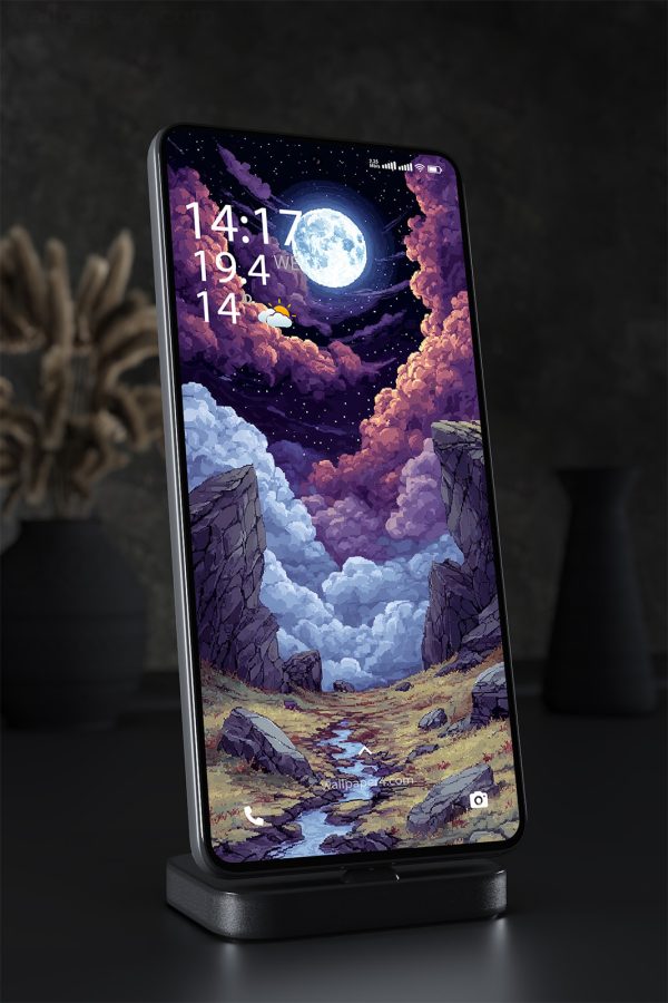 Phone Wallpaper 1595 - Pixel Art Moonlight Valley at Night