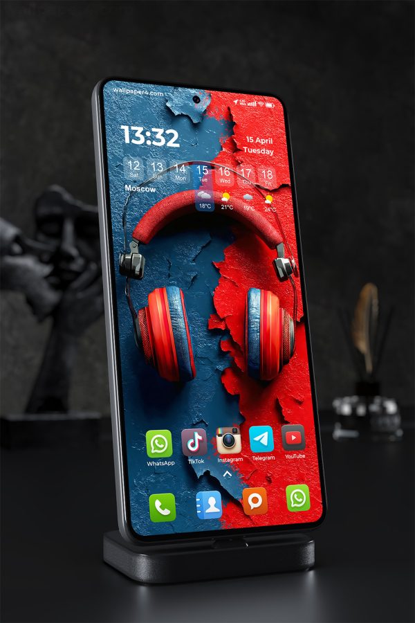 Phone Wallpaper 1602 - Red and Blue Headphones on Cracked Wall