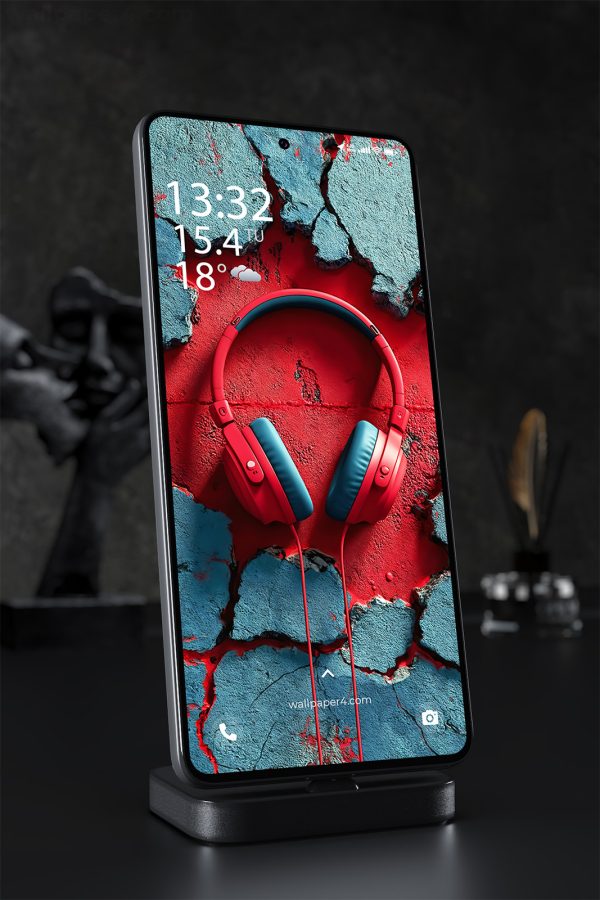 Mobile Wallpaper 1602 - Red and Blue Headphones on Cracked Wall