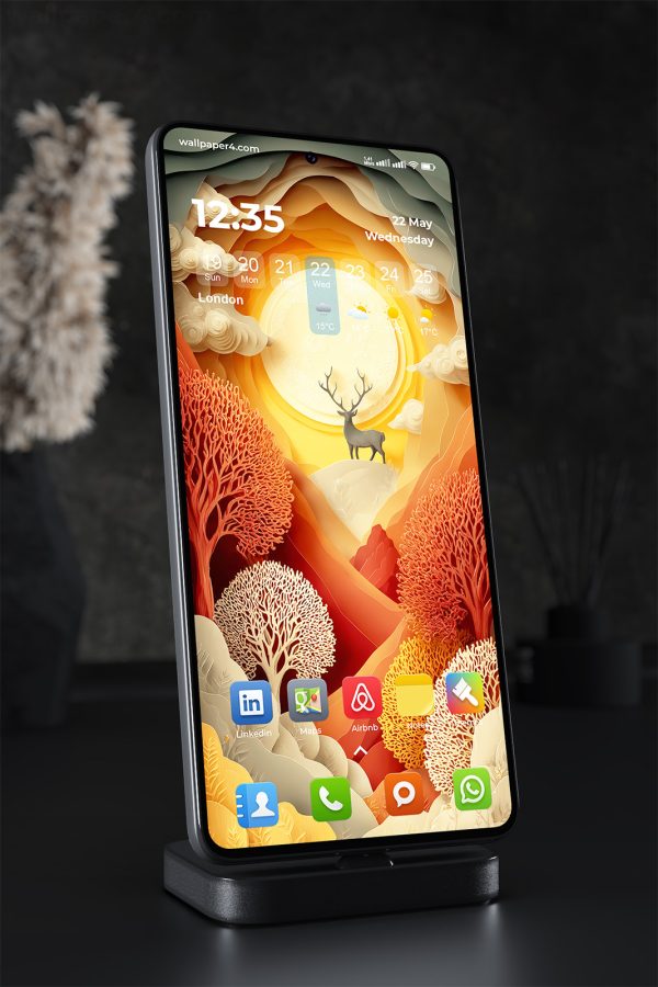 Phone Wallpaper 1608 - Majestic Deer in Surreal Sunset Forest