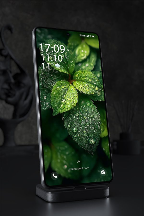 Phone Wallpaper 1619 - Water Drops on Green Leaves - Nature Wallpaper
