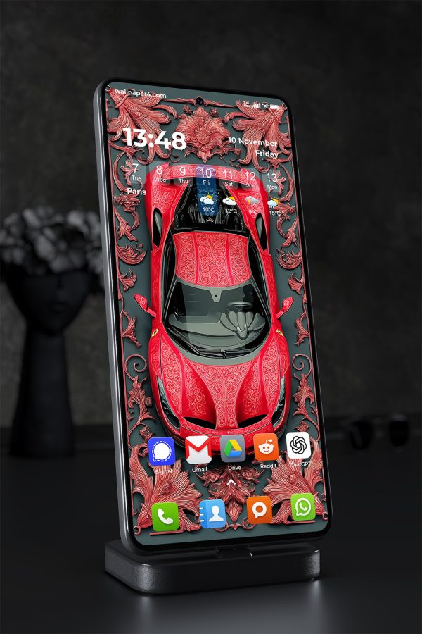 Phone Wallpaper 1633 - Luxury Red Sports Car with Ornamental Design