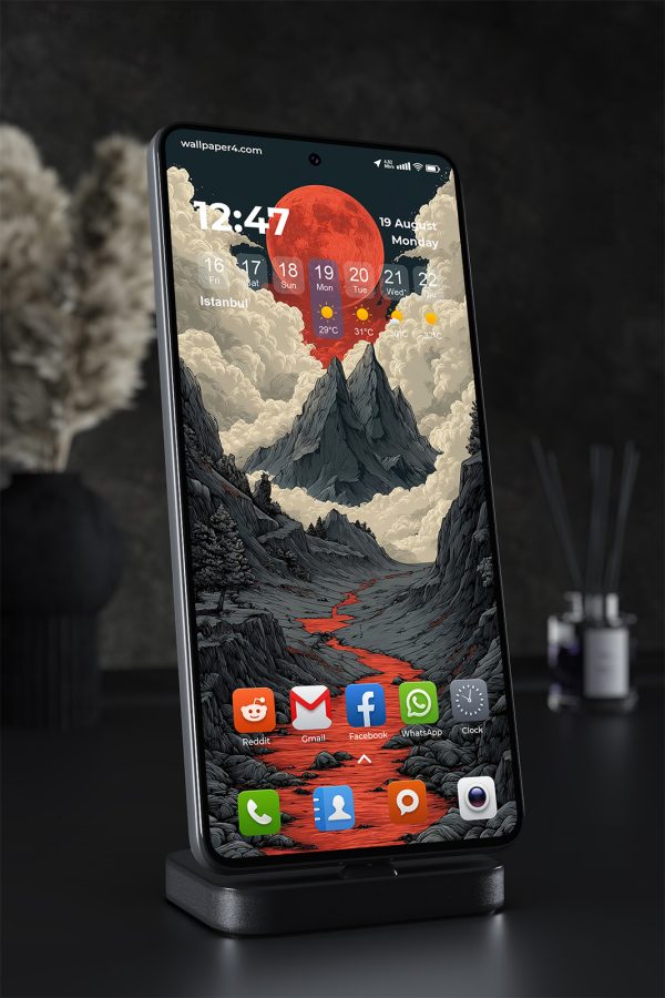 Phone Wallpaper 1651 - Dark Fantasy Landscape with Red Moon
