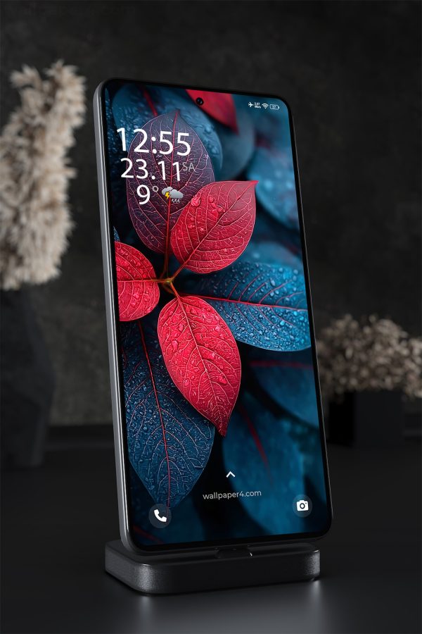 Phone Wallpaper 1657 - Red Flowers and Blue Leaves in Moody Lighting