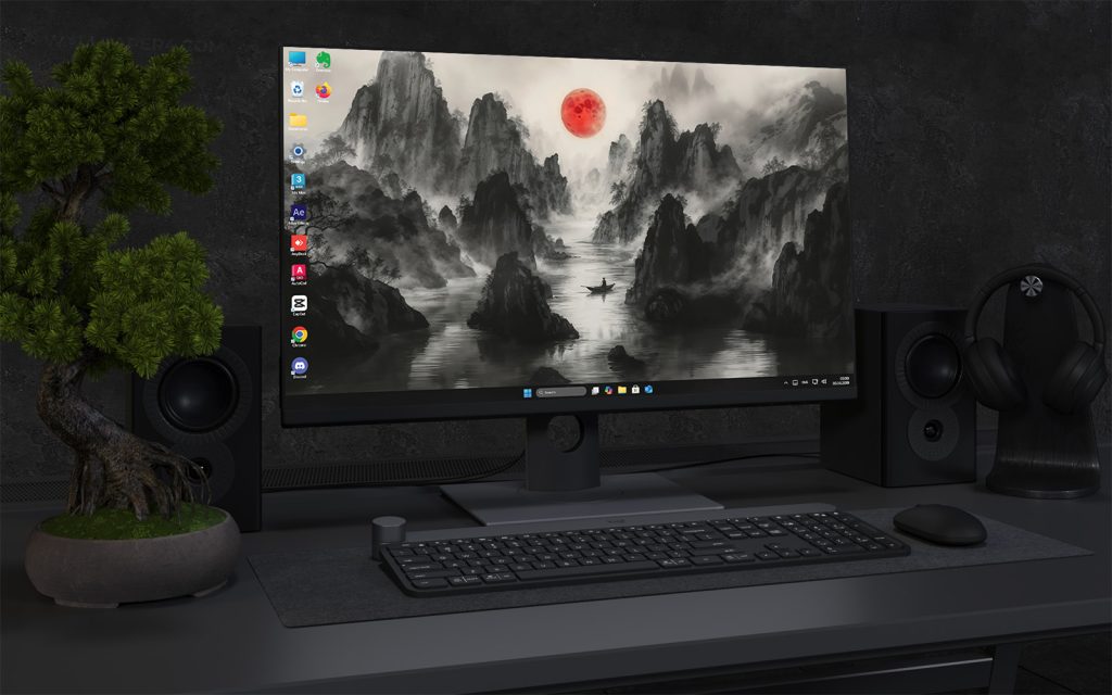 Desktop Wallpaper 1803 - Red Moon Over Misty Mountains Wallpaper