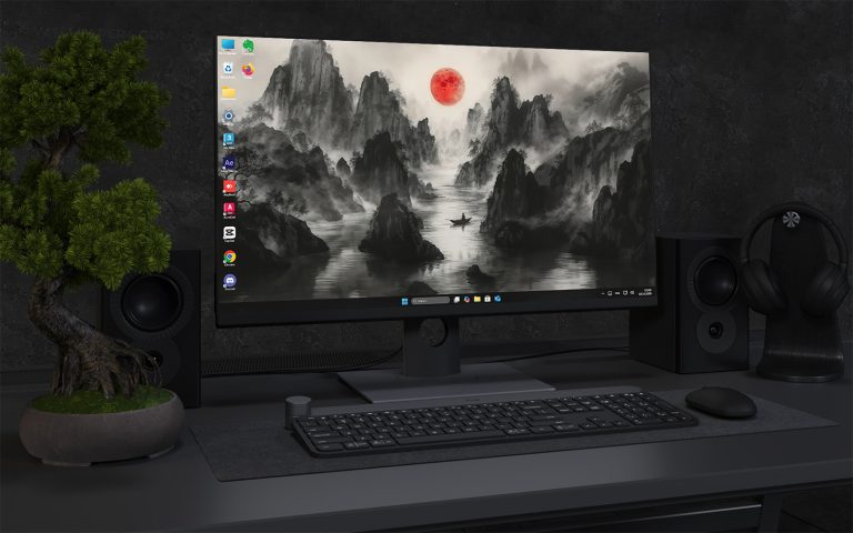 Desktop Wallpaper 1803 - Red Moon Over Misty Mountains Wallpaper
