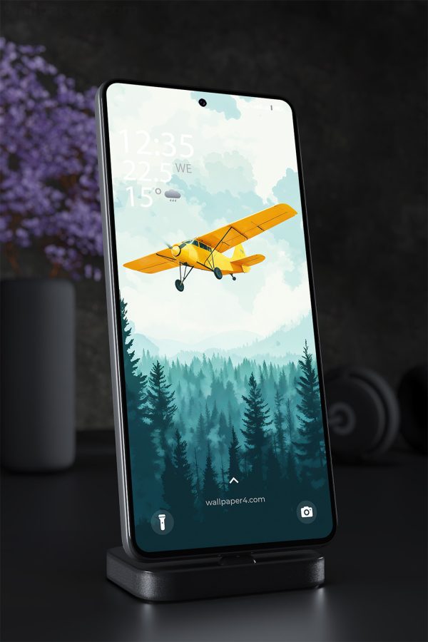 Mobile Wallpaper 1700 - Yellow Plane Flying Over Forest - Aerial Art