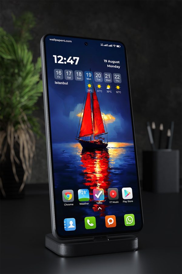 Phone Wallpaper 1725 - Red Sailboat on a Dark Ocean at Sunset