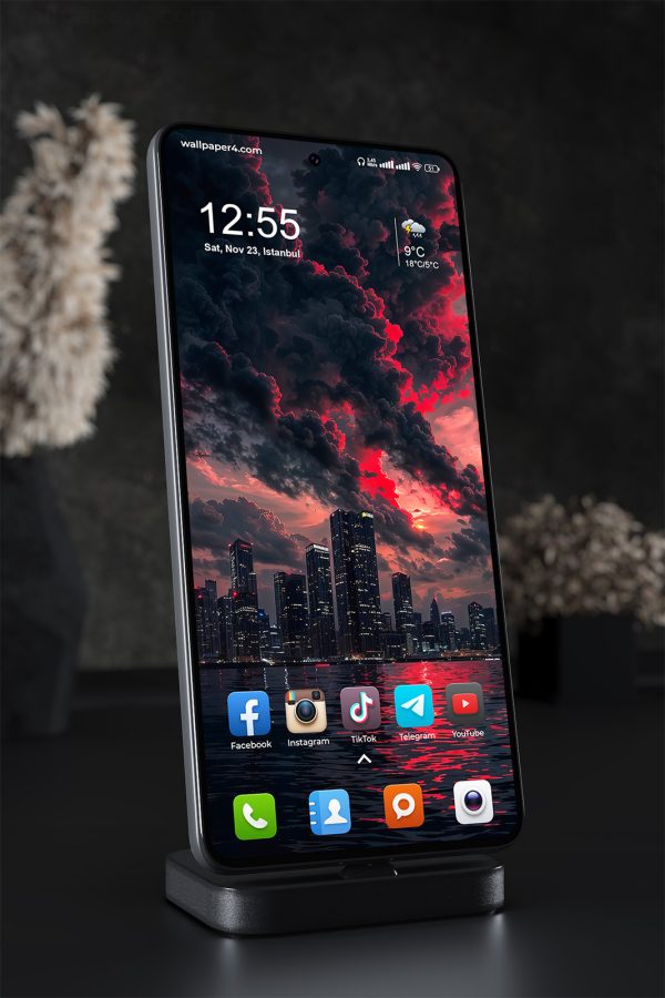 Phone Wallpaper 1746 - Dark City Skyline with Dramatic Red Clouds