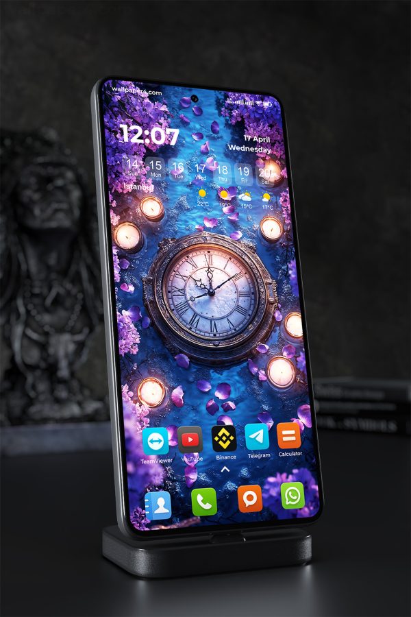 Phone Wallpaper 1754 - Vintage Clock with Candles and Petals