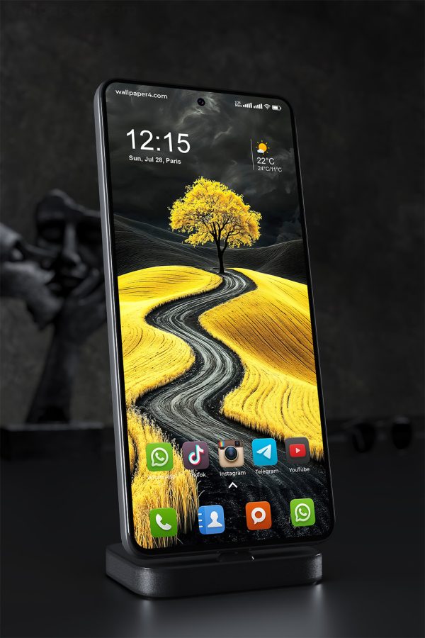 Phone Wallpaper 1767 - Golden Tree on Curved Path Under Stormy Sky