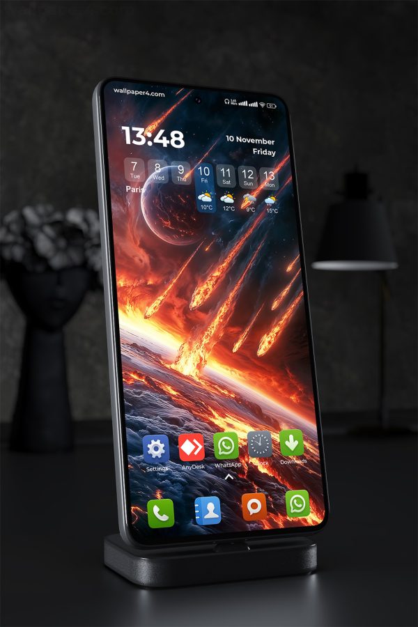 Phone Wallpaper 1771 - Lava Planet and Meteor Shower in Deep Space