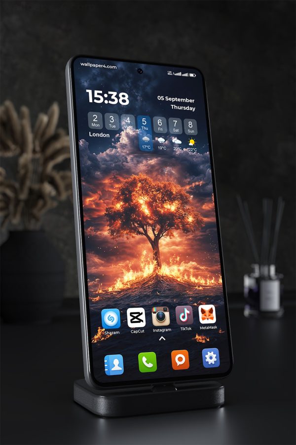 Phone Wallpaper 1783 - Burning Tree in Fiery Ocean at Night