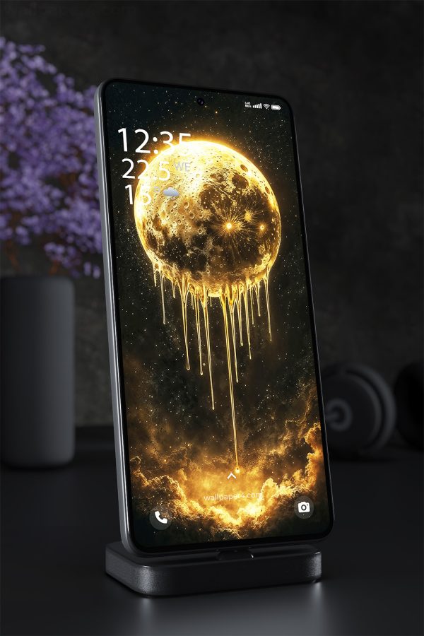 Phone Wallpaper 1798 - Surreal Golden Moon Melting Over Ocean