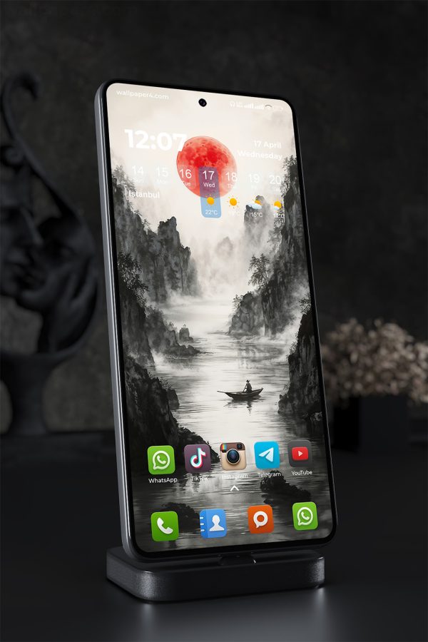 Phone Wallpaper 1803 - Red Moon Over Misty River Mountains
