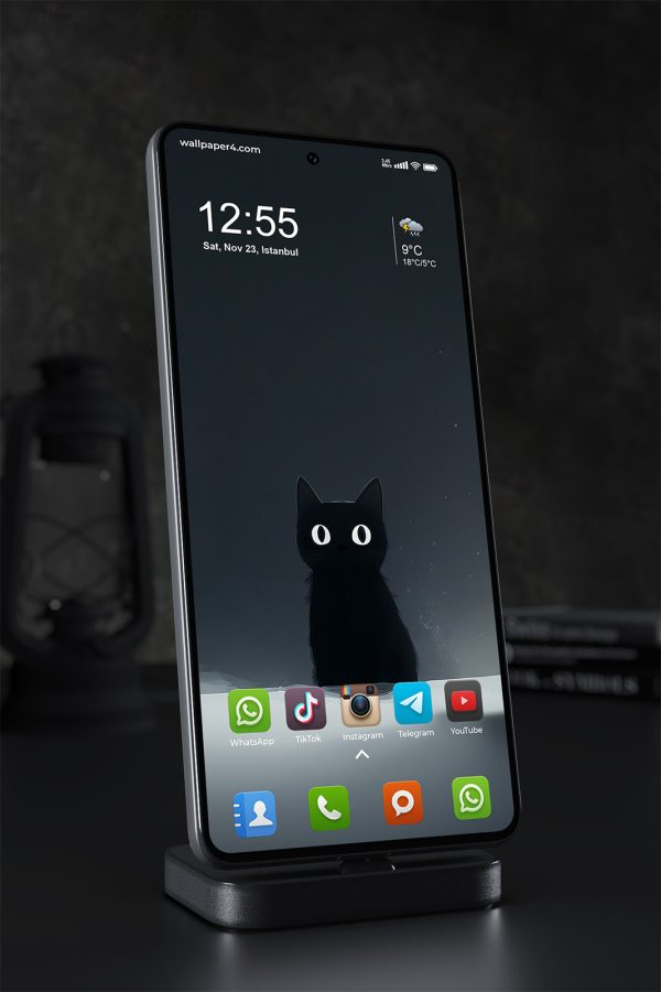 Phone Wallpaper 1810 - Cute Black Cat in Dark Minimalist Style