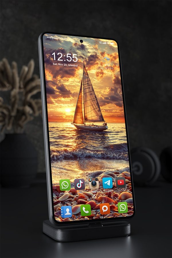 Phone Wallpaper 1824 - Sunset Sailboat on Ocean with Seashell Shore